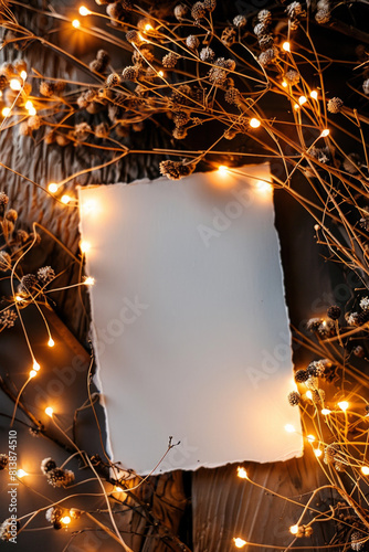 A piece of white blank paper surrounded by beautiful fairy lights  photo