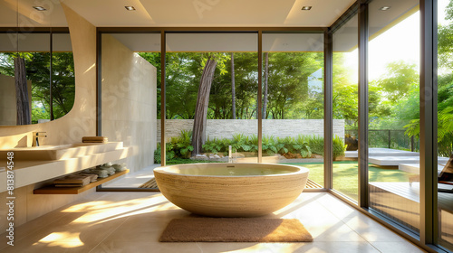 Serene and Luxurious Bathroom with a Freestanding Tub Overlooking a Private Garden through Floor-to-Ceiling Windows © Hassaan