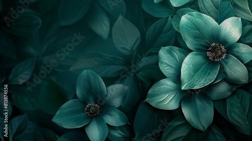Green flowers stand out against a dark backdrop, creating a striking contrast in a bold floral abstract composition