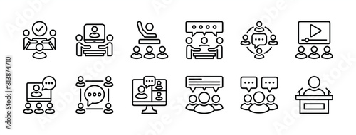 Business training thin line icon set. Containing conference, presentation, education, coaching, communication, discussion, meeting, learning, online video, classroom. Vector illustration