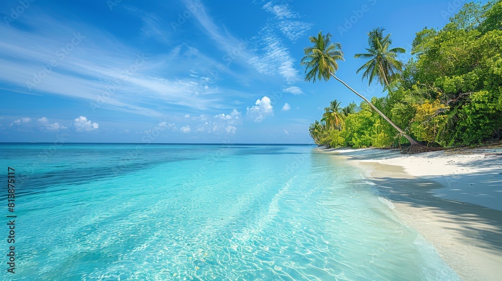 Naklejka premium A pristine tropical island surrounded by turquoise waters, a paradise getaway for sun, sea, and relaxation.