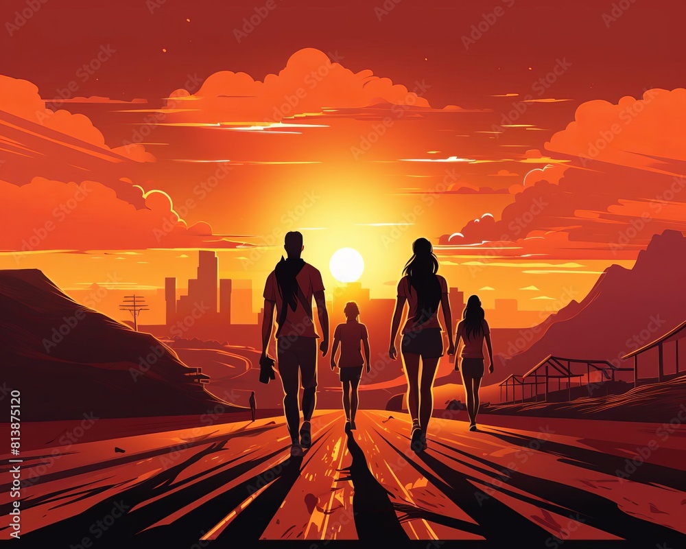 A group of four people, two adults and two children, are walking away from the viewer into the sunset
