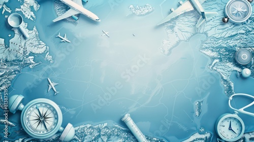 background or banner with a travel theme including a world map,  aeronautical instruments, compass, a plane and with a empty area at the center, the background is in  light blue 
 photo