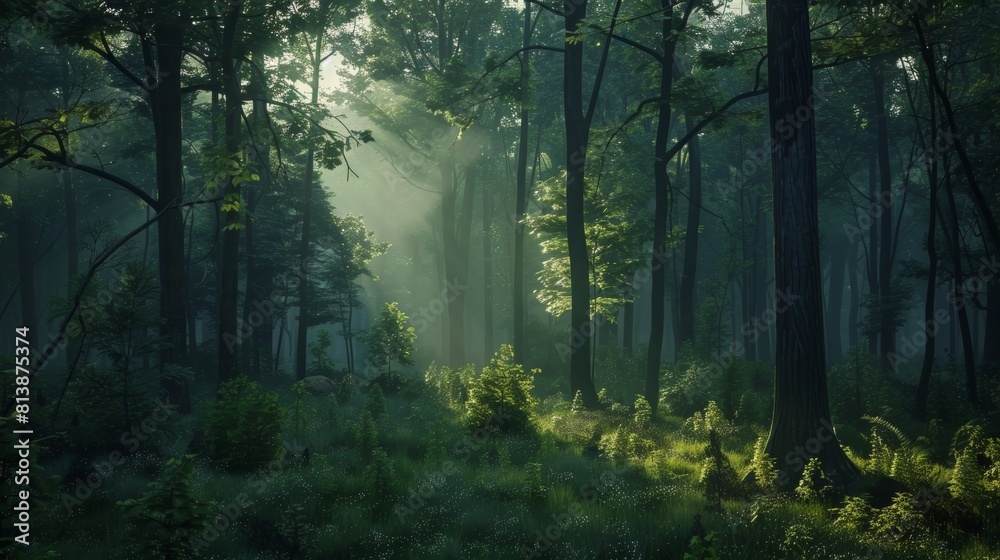 Ethereal early morning scene in a dense forest with sunlight filtering through mist and highlighting the lush undergrowth.