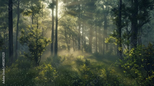 Ethereal early morning scene in a dense forest with sunlight filtering through mist and highlighting the lush undergrowth.
