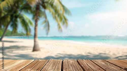 Wooden table in front of tropical background for mockup