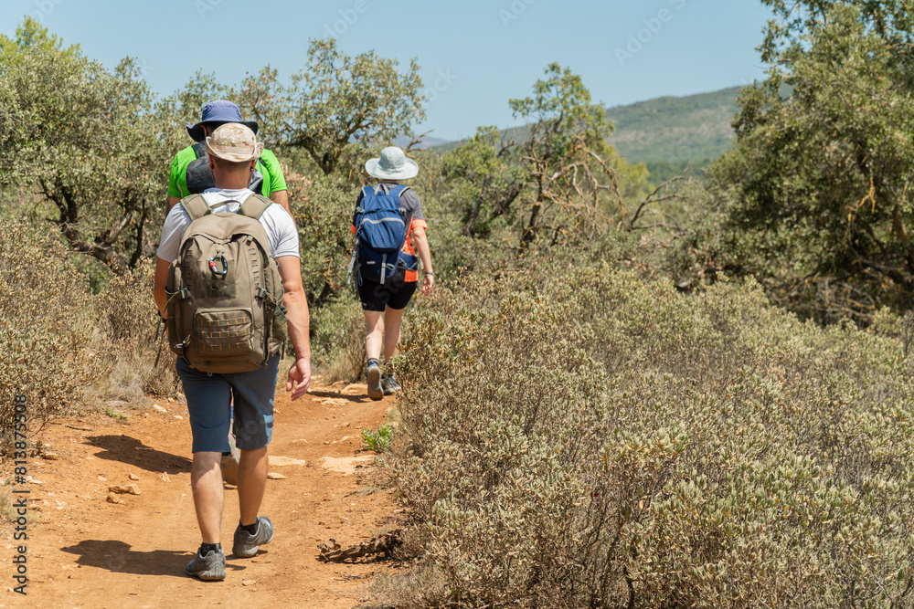 Unrecognizable people hiking outdoors on a hot summer day