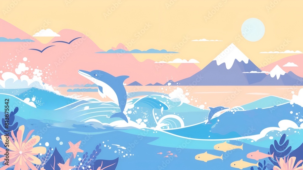 Dolphins jumping out of the ocean with mountains and the sky in the background illustration Dolphins jumping out of the ocean with mountains and the sky in the background illustration