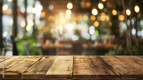 Rustic wood table with blurred background for product display
