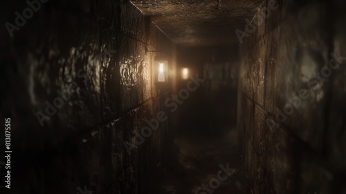 A dimly lit hallway in an abandoned building, featuring eerie, reflecting light fixtures that cast mysterious shadows along the textured walls.