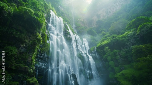 A stunning, verdant mountain valley with a majestic waterfall cascading down its cliffs, enveloped in a light mist, evoking a sense of wonder and tranquility.