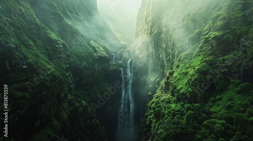 A stunning  verdant mountain valley with a majestic waterfall cascading down its cliffs  enveloped in a light mist  evoking a sense of wonder and tranquility.