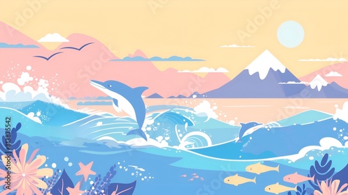 Dolphins jumping out of the ocean with mountains and the sky in the background illustration