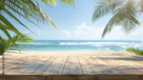 Ocean beach themed background with wood table and blurred ocean scene in background