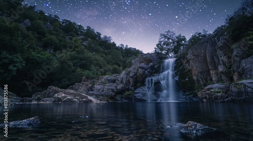 A serene waterfall flows under a star-studded night sky  creating a magical and peaceful landscape in a secluded mountainous area.