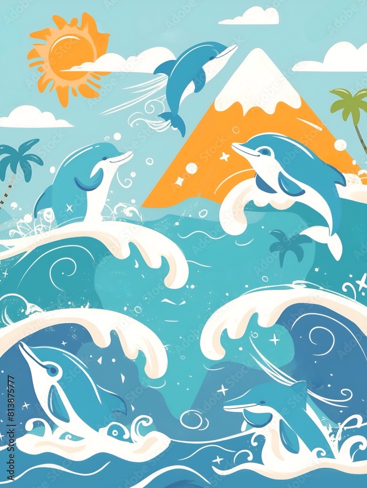 Dolphins jumping out of the ocean with mountains and the sky in the background illustration Dolphins jumping out of the ocean with mountains and the sky in the background illustration