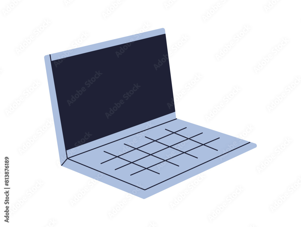 Laptop, electronic device, portable computer pc, smart electronic device for work, laptop for video, music clip and cozy leisure, working at computer at office or home flat vector illustration. Laptop, electronic device, portable computer pc, smart electronic device for work, laptop for video, music clip and cozy leisure, working at computer at office or home flat vector illustration.