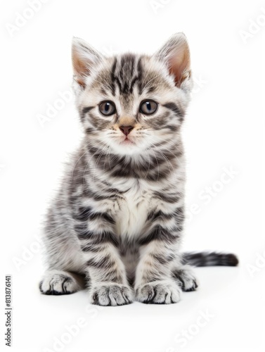 American Shorthair An American Shorthair kitten, robust and healthy, with a friendly demeanor and good looks, isolated on white background. © Thanunchnop