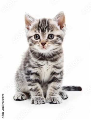 American Shorthair An American Shorthair kitten, robust and healthy, with a friendly demeanor and good looks, isolated on white background.