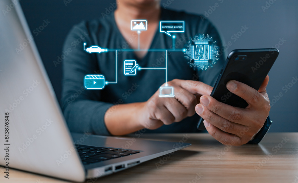 artificial intelligence generates technology concept. a person uses AI chip tech big data business process strategy, and smart customer service management. Digital transformation change management. artificial intelligence generates technology concept. a person uses AI chip tech big data business process strategy, and smart customer service management. Digital transformation change management.