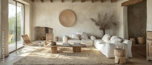 Design a modern living room interior with a neutral color palette and natural materials photo