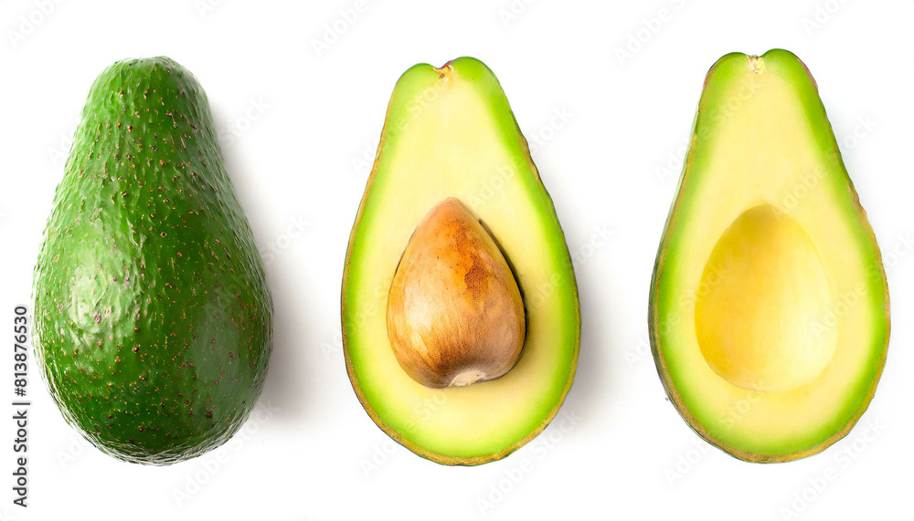 Avocado stücke set collection isoliert auf weißen Hintergrund, Freisteller, draufsicht Avocado stücke set collection isoliert auf weißen Hintergrund, Freisteller, draufsicht