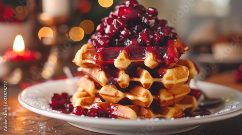 A stack of golden waffles topped with caramelized fruit compote  a decadent dessert for a special occasion.