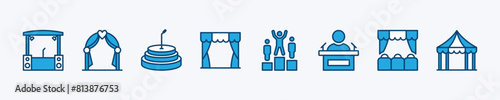 Set of stage icon. Containing event, concert, entertainment, festival tent, theatre, cinema, championship podium, conference, wedding. Vector illustration