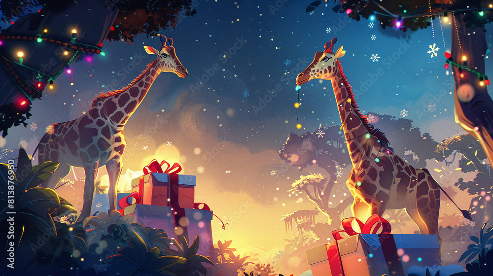 Two cartoon giraffes stand in a magical winter forest at night, surrounded by beautifully wrapped presents, and decorated with twinkling lights. Two cartoon giraffes stand in a magical winter forest at night, surrounded by beautifully wrapped presents, and decorated with twinkling lights.