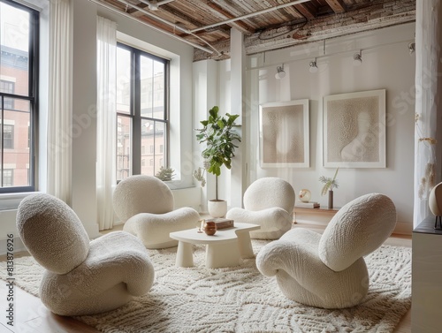 loft living room with white glider chairs