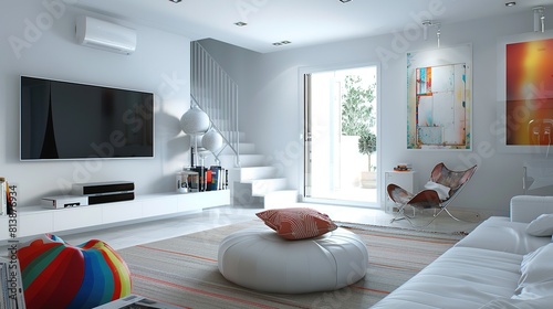 Modern living room with minimalist white decor, contemporary furniture, and bright natural light