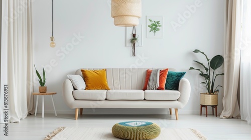 Bright and airy living room with a modern white sofa, colorful cushions, and green plants enhancing the decor