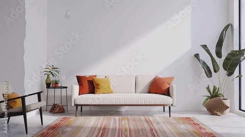 Bright and airy living room with a modern white sofa, colorful cushions, and green plants enhancing the decor