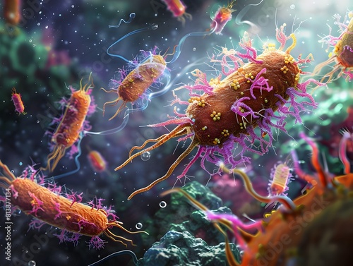 Depiction of Bacterial Antibiotic Resistance Mechanisms Featuring Efflux Pumps and Beta Lactamase photo