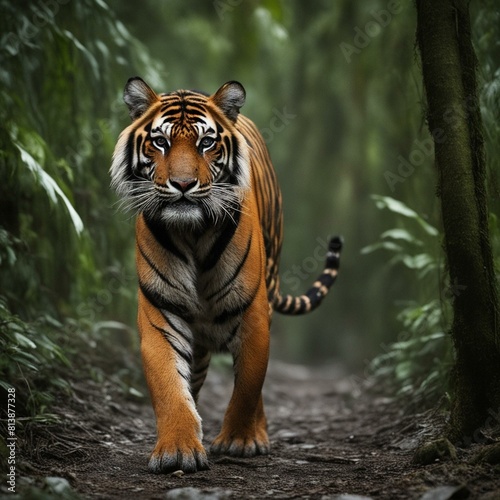 The elusive Sumatran tiger, with its orange coat and black stripes, prowls through the dense jungles of Sumatra, Indonesia. Its powerful build and keen senses are evident as it moves stealthily among  photo