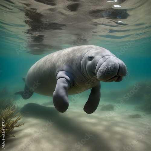 The Amazonian manatee, a gentle giant of the rivers and waterways in South America, is depicted in the image swimming gracefully underwater. Its grayish-brown body and paddle-like flippers are well-ad photo