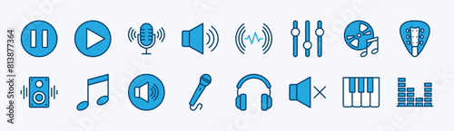 Set of music and sound icon. Containing play and pause button, microphone, speaker, equalizer, recording disc, guitar chord, loudspeaker, notes, headphone, mute, piano. Vector illustration
