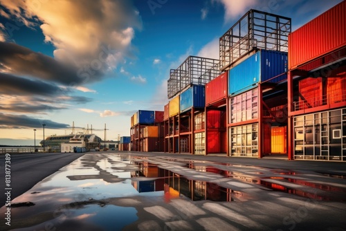 Vibrant stacked shipping containers at a port with sunset skies reflecting in puddle