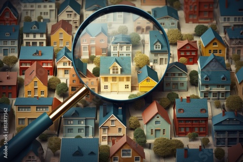 A magnifying glass focuses on a selected house among a densely packed neighborhood of colorful homes photo