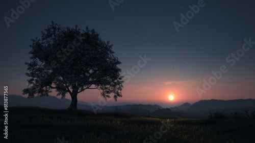 A lake with a tree in the foreground and a full moon in the sky