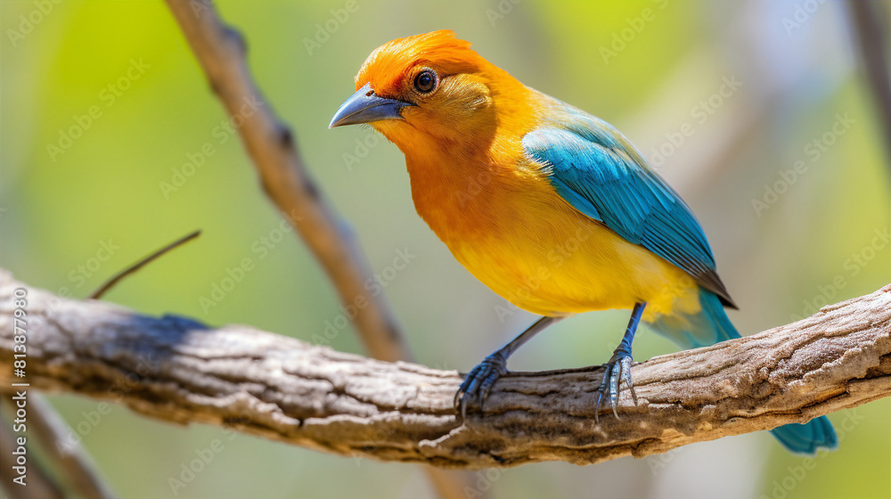 Fototapeta premium A colorful bird with bright orange, yellow, and blue feathers is perched on a branch looking at you with a curious expression.