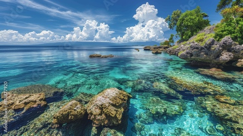 A tranquil lagoon with vibrant coral reefs teeming with marine life  an underwater paradise for snorkelers and divers.