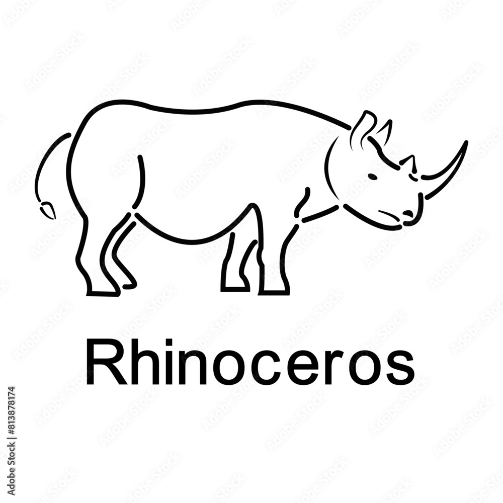 A drawing of a rhinoceros. The minimum linear drawing of a rhinoceros. African wildlife symbol. Safari animal A drawing of a rhinoceros. The minimum linear drawing of a rhinoceros. African wildlife symbol. Safari animal