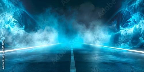 Dark room and street with neon lights smoke and asphalt floor. Concept Neon Lights  Urban Photography  Dark Atmosphere  City Streets  Smoke Effects