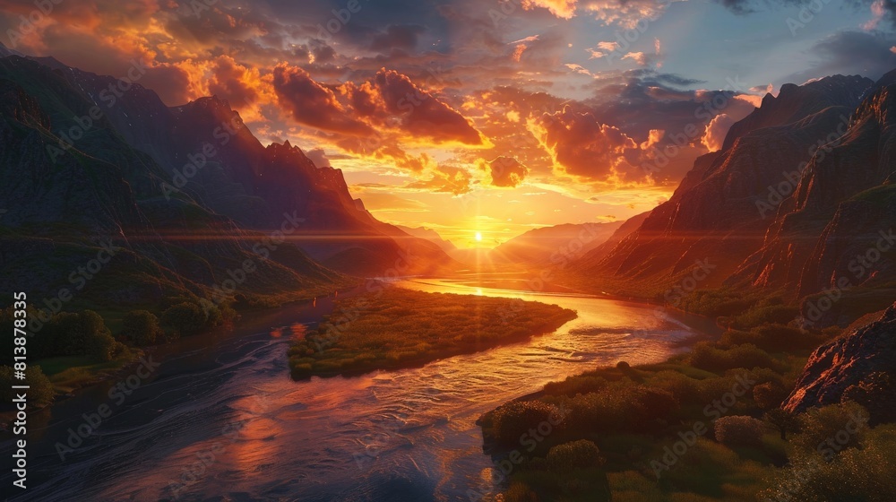 A tranquil river winding through a valley at sunset, with the sky ablaze in fiery colors as the day comes to a close.