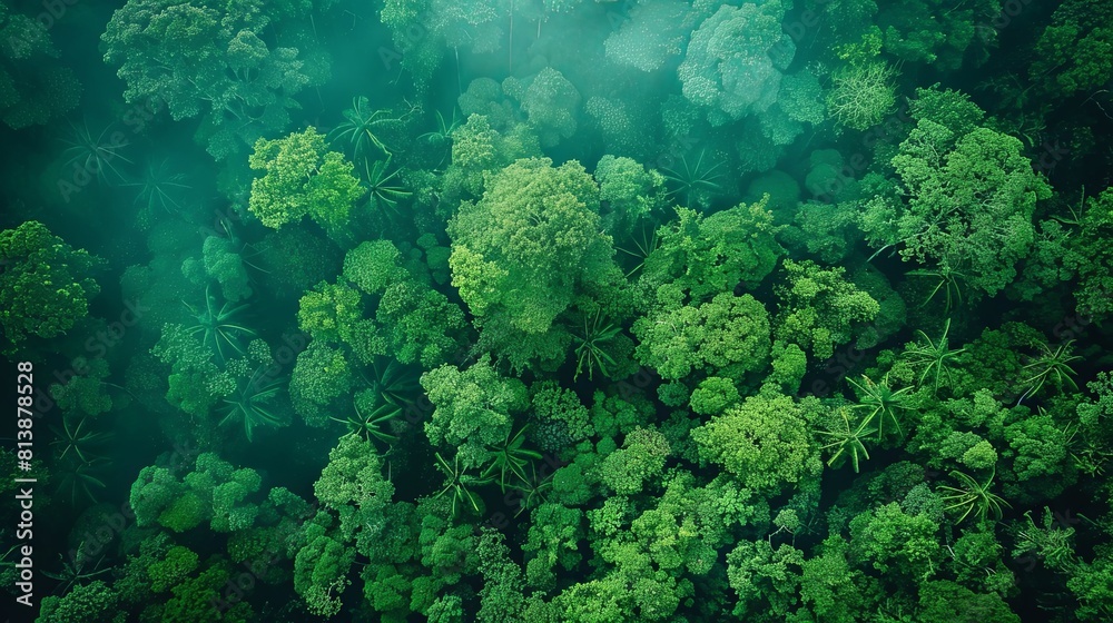 The lush green foliage of a dense rainforest canopy The lush green foliage of a dense rainforest canopy