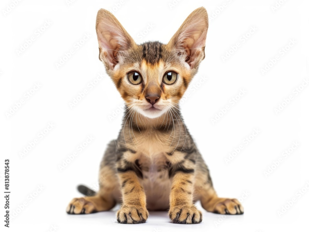 Oriental Sleek Oriental kitten with large ears and a slender body, looking intelligent and alert, isolated on white background.