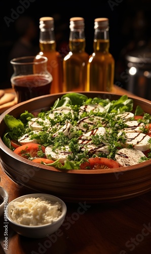 Cardboard bowl container with fresh caprese salad. 