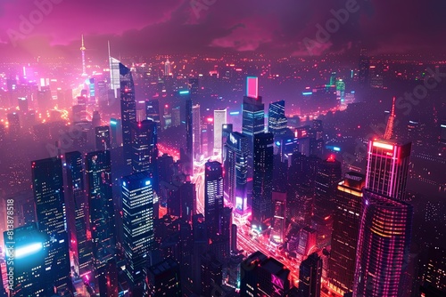 Panoramic views of city lights and skyscrapers  shining brightly with vibrant colors.