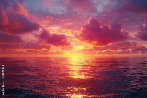 Painted skies of orange, pink, and purple during sunset over the endless ocean. © Mari